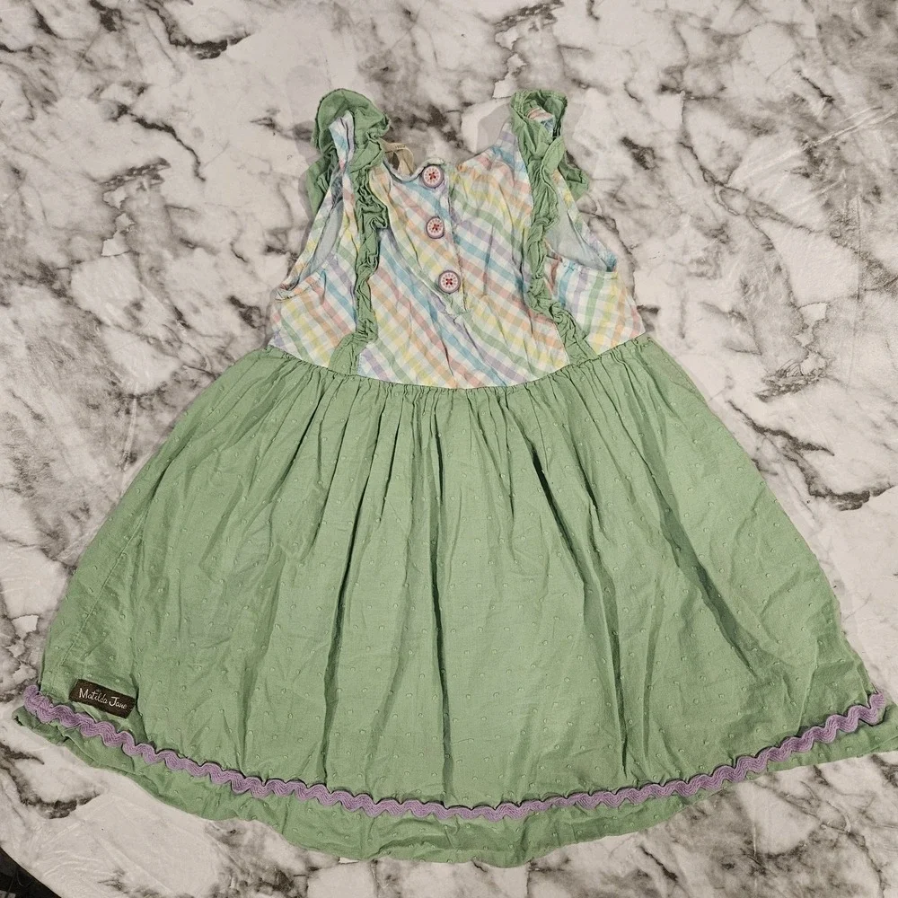 Matilda Jane Over‎ The Rainbow Dress Size 4 Girls Green Pastel Plaid Ruffle